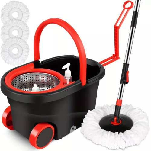 [3 Microfiber Mop Replacement Heads] Mop Bucket Set, Spin Mop And Bucket And Wringer Set, Bathroom Mop Bucket, 360° Spin Mop Bucket System With 3 Microfiber Mop Replacement Heads And 61in Stainless Steel Adjustable HandleUpgrade Black Color