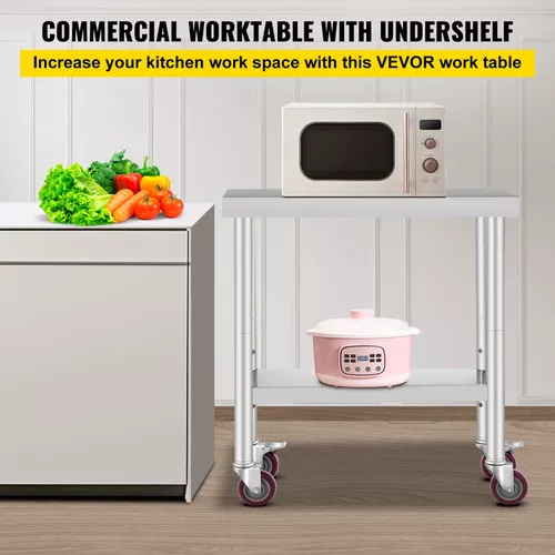 30x12x34 Inch Stainless Steel Work Table 3-Stage Adjustable Shelf with 4 Wheels Heavy Duty Commercial Food Prep Worktable with Brake for Kitchen Prep Work