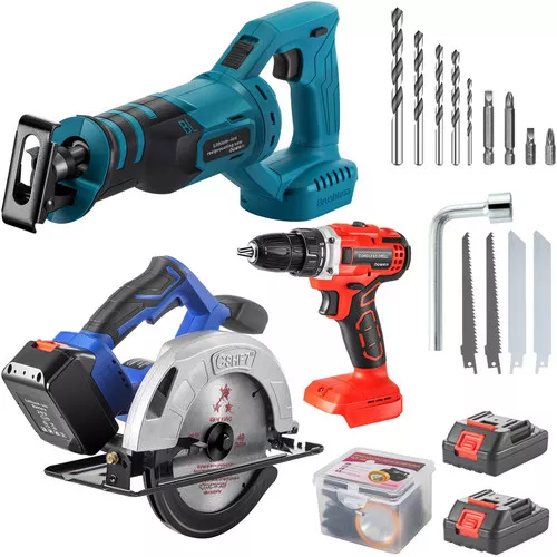 Cordless Drill Combo Kit, Lithium-Ion Brushless 4-Pc Combo Kit, 20V Cordless Drill 2/5'', Reciprocating Saw 0-3000 SPM, Cordless Circular Saw 4900 RPM, Work Light, Power Tool Set for Improvement