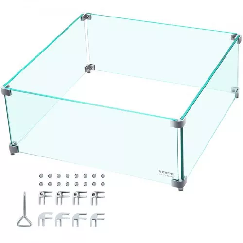 Fire Pit Wind Guard, 14 x 14 x 6 Inch Glass Wind Guard, Rectangular Glass Shield, 0.3" Thick Fire Table, Clear Tempered Glass Flame Guard, Steady Feet Tree Pit Guard for Propane, Gas, Outdoor