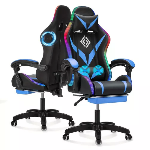 Gaming Chair with Speakers and Massage Big and Tall Video Game Chair for 450lbs with Footrest Reclining High Back Computer Desk Chair with RGB Led Light, Purple + Black Color