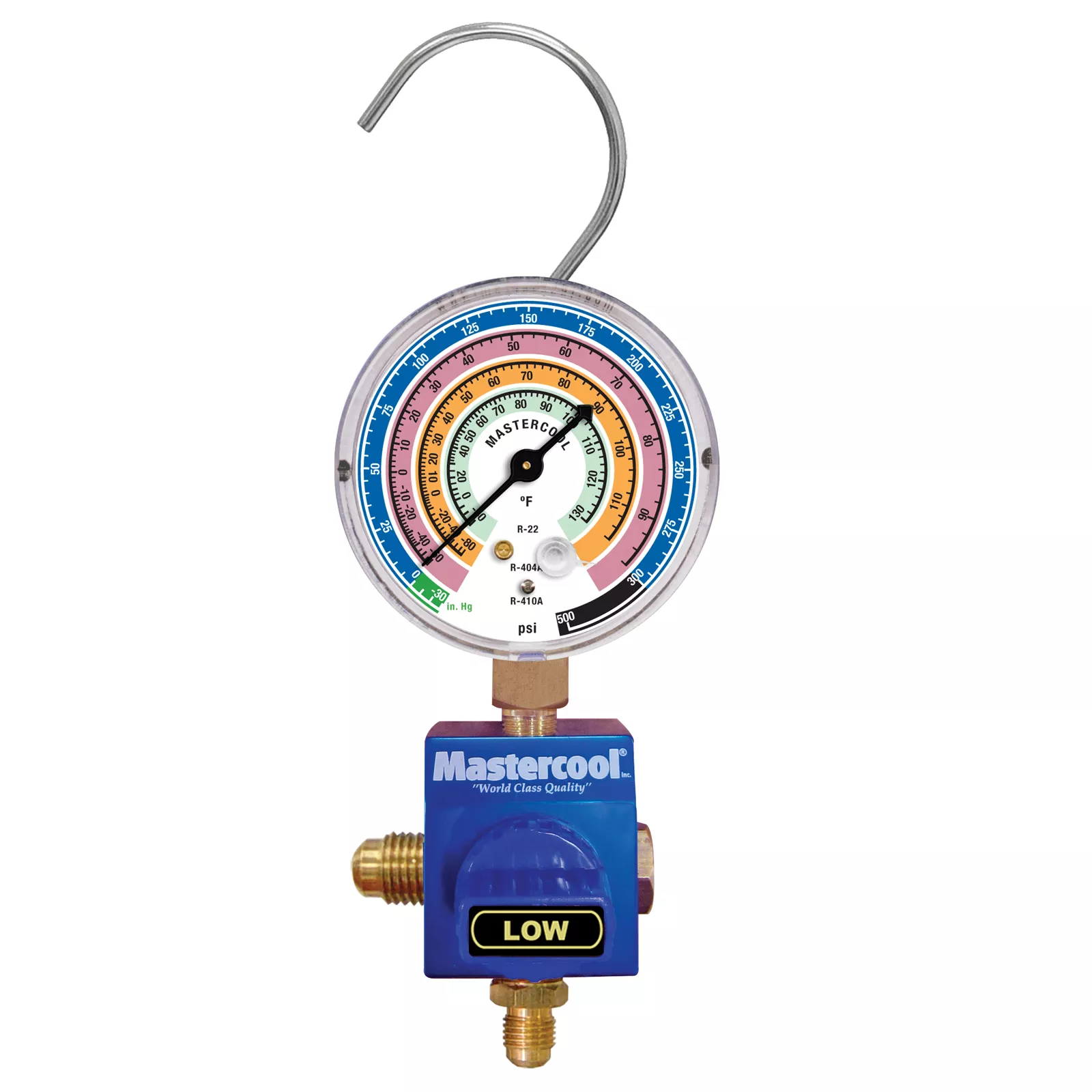 Mastercool 92103-EL - R410A, R507A, R404A & R22 - 1/4" Single Valve Manifold with 63 mm/1.6 class (BAR, PSI, °C) Gauge
