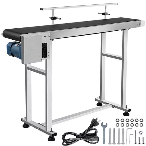 PVC Belt Conveyor 59Inch Length, Electric PVC Conveyor 7.8 Width, 110V Adjustable Automatic Speed, Conveyor Machine with Double Guardrail, in Stainless Steel, Industrial Transport Equipment