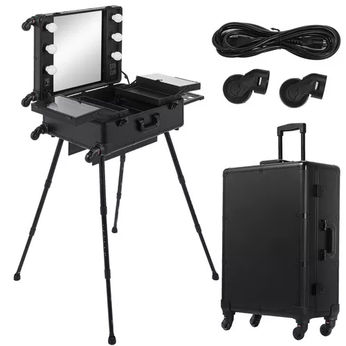 Rolling Makeup Case 28"x21"x54" with LED Light Mirror Adjustable Legs Lockable Train Table Studio Artist Cosmetic