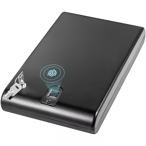 Security Safe 10.63x7.48x2.17inch Pistol Safe with 120 Fingerprint Lock and Key Lock Q235 Cold Rolled Steel Portable Safe Box Quick Access Gun Safe for Car Home Office