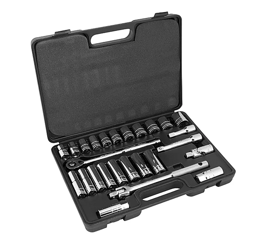 Wilmar W32904 - Chrome Socket Set, 1/2" Drive, 12mm to 27mm Shallow, 13mm to 21mm Deep, 6 Point, with Ratchet, Exts